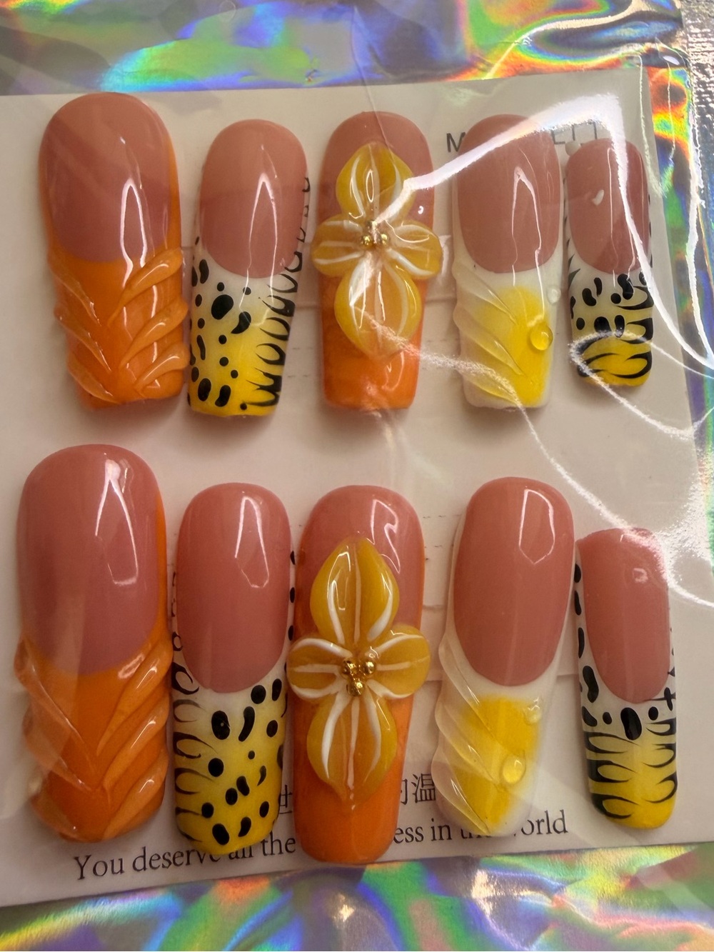 Hand-Painted Floral & Animal Print Press-On Nails in Pink, Orange & Yellow